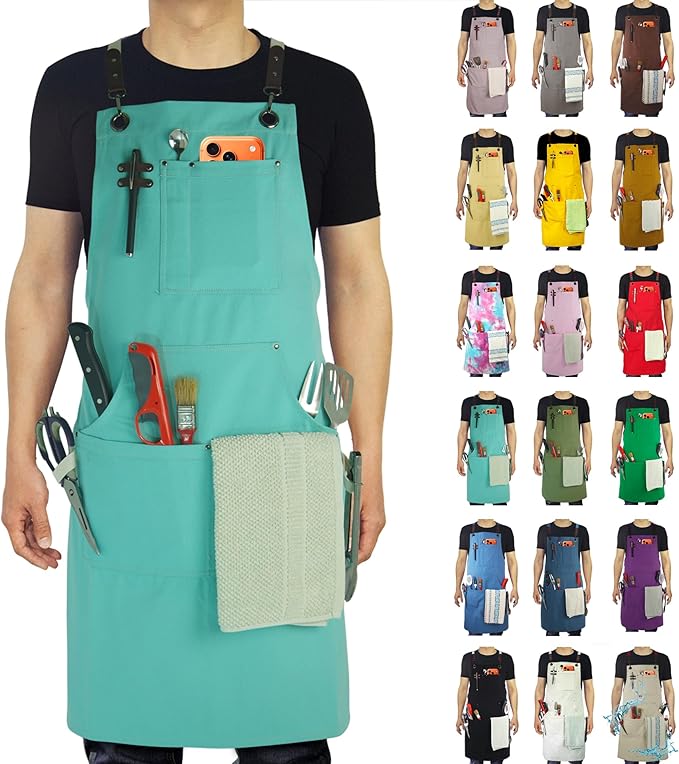 Kitchen Apron, Work Apron, Canvas, Multiple Pockets, Gardening, Painting, BBQ, Artist, Carpenter, Sizes M to XXL, Ice Blue