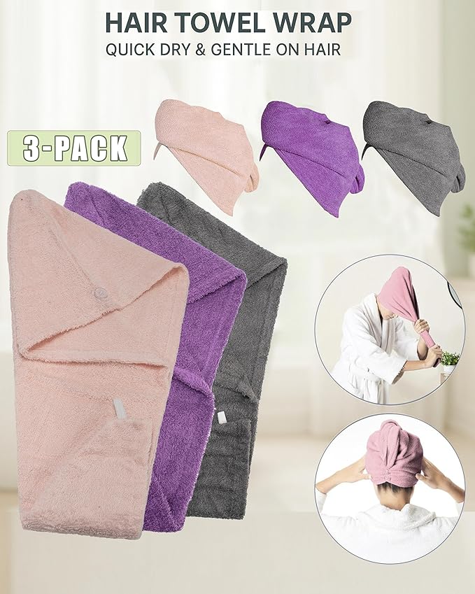 Textila 100% Cotton Hair Wrap Towels for Women (Pack of 3, Plum, Pink & Grey) – Soft & Absorbent Turban Towels for Long, Curly, Frizz-Prone Hair
