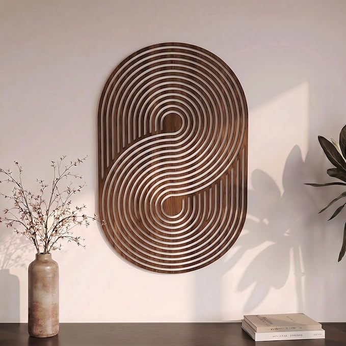Yerliker Mid Century Modern Wood Wall Art Small Walnut Geometric Wall Sculpture 11.81 Inch Boho Minimalist Abstract Panel Decor for Living Bedroom, Office, Entryway Vertical Hanging Art(Irregular)