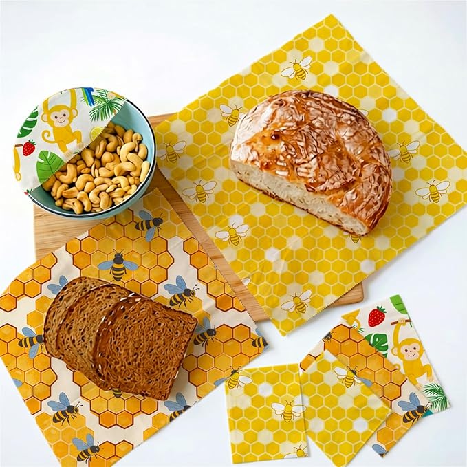 Reusable Beeswax Wraps, 9 Pack Eco-Friendly Food Storage, Organic, Sustainable, Zero Waste, Plastic-Free, for Sandwich, Fruit, Bowl, Bread, 1XL, 3M, 5S, Bees Honeycomb Monkey Parrot Patterns