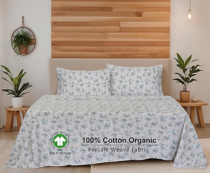 RUVANTI 100% Cotton Organic Percale Sheets Twin Size – Crisp Cooling Bed Sheets for Hot Sleepers, Deep Pocket 15”, Soft Peach Finish, Breathable & Durable Hotel-Style 3 Pcs, Blue Rose
