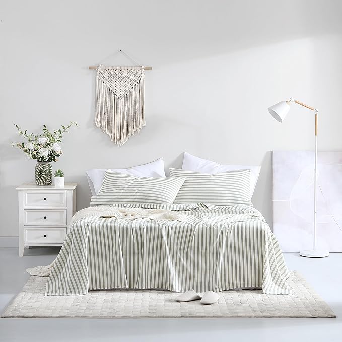 ATLINIA Bedding Linen Sheets Set Bed - 55% Linen 45% Cotton Blend Sheets Queen Size Bedding Farmhouse Boho Style, Soft Comfy Breathable - Deep Pocket Fitted Sheet & Flat Sheet & 2 Pillowcases (Green)
