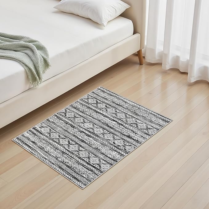 Tortania Area Rug Living Room Rugs - 2x3 Washable Soft Neutral Boho Moroccan Farmhouse Mat Indoor Floor Carpet for Bedroom Hallway Entryway Kitchen Home Office Decor - Black White