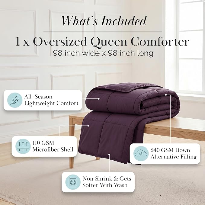 Southshore Fine Living, Inc. Queen Comforter, Fluffy Down Alternative Purple Comforter, Full Size, Pet Hair Resistant Bedding, Easy Care, Purple Comforters