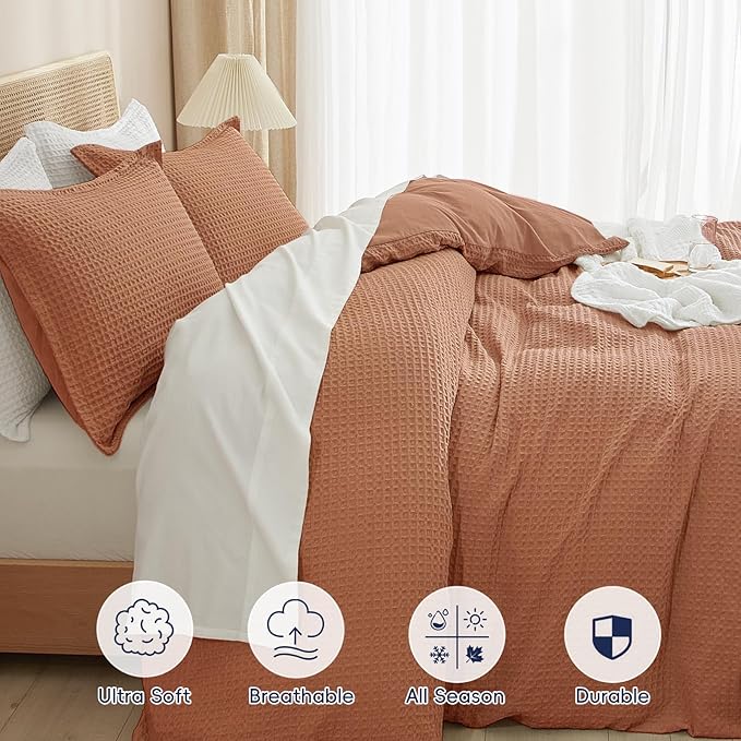 PHF Waffle Weave Duvet Cover Set Queen Size, No Snagging Ultra Soft Luxury Textured Breathable Comforter Cover for All Season 3pcs, Durable Bedding Duvet Set with 2 Pillow Shams, 90"x90", Terra Cotta