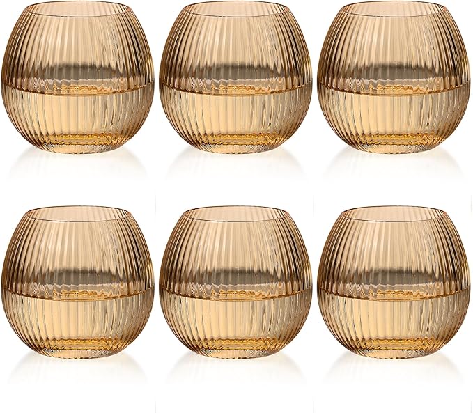 JOVGANK Brown Ribbed Drinking Glasses Set of 6-10.8 OZ Stemless Wine Champagne Whiskey Cocktail Glass, Reusable Wine Cups for Home Party Wedding Bar