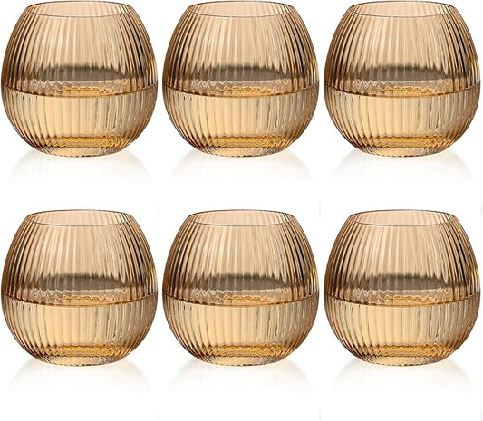 JOVGANK Brown Ribbed Drinking Glasses Set of 6-10.8 OZ Stemless Wine Champagne Whiskey Cocktail Glass, Reusable Wine Cups for Home Party Wedding Bar