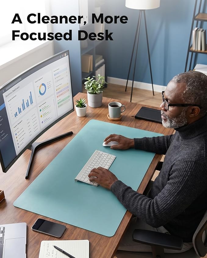 Aothia Cork Desk Mat - Dual-Sided Extra Large Desk Pad & Keyboard Mat, Long PU Leather Desk Protector, Waterproof Desktop Blotter (47" x 17", Blue Topaz)