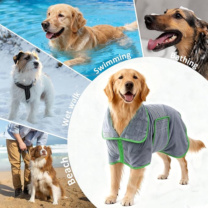 Soft Dog Bathrobe Fast Drying Dog Coat, Super Absorbent Dog Towels for After Bath, Microfiber Pet Robe Adjustable Collar & Belly Warm Keeping Dogs Coat for Pet Dogs & Cats (Grey, X-Large)