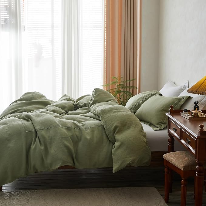 Simple&Opulence 100% Washed Linen Duvet Cover Set 104"x92" - 3 Pieces Soft Farmhouse Comforter Set Double Embroidered with Button Closure - 1 Duvet Cover and 2 Pillowshams (Sage Green, King)