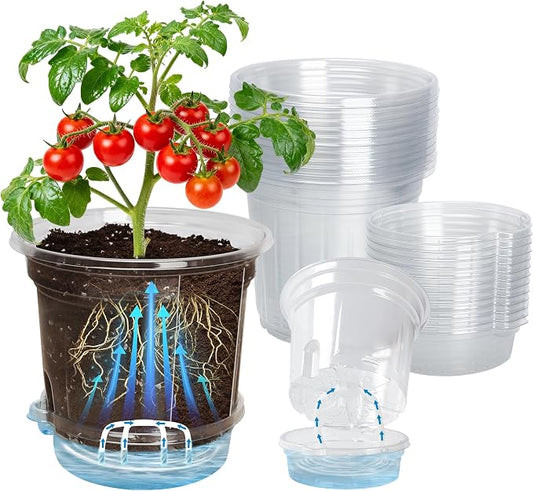 Bluepro 12 Pack 6.5 Inch Clear Self Watering Plant Pots with Bottom Water Tray & Watering Rope, Transparent Nursery Pots with Drainage for Seedlings, Herbs, and Houseplants