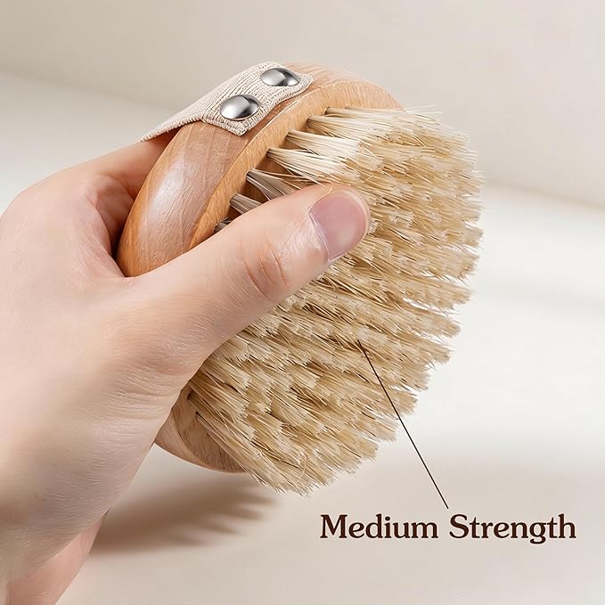 Round Dry Brushing Body Brush with Natural Boar Bristles for Cellulite Remover, Helps Lymphatic Drainage, Improve Circulation Exfoliation for Soft Skin, Body Scrub Deep Cleanse