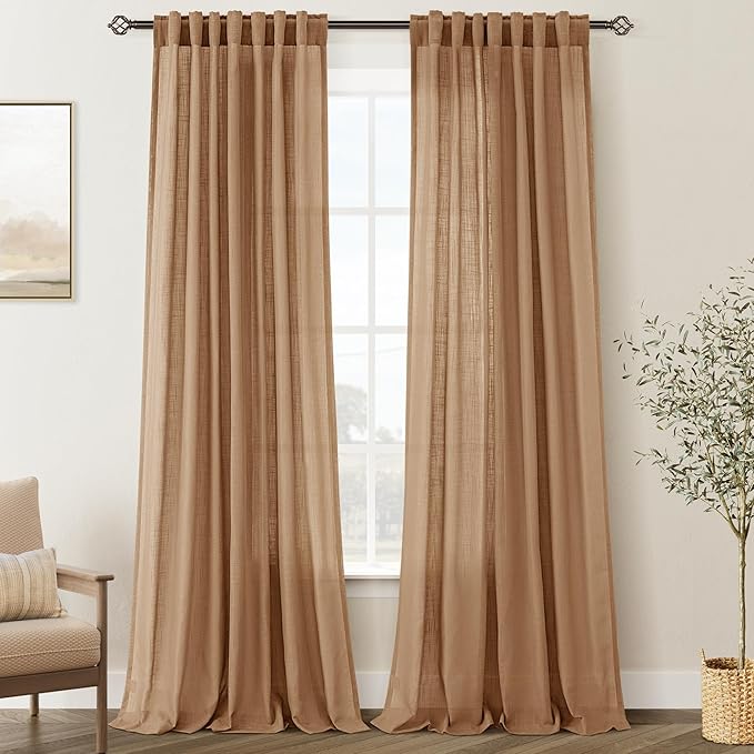 Brown Curtains for Living Room Back Tab Modern Farmhouse Semi Sheer Curtains 102 inches Long 2 Panels Set Muted Neutral Window Curtain for Dining Room Bedroom 52x102