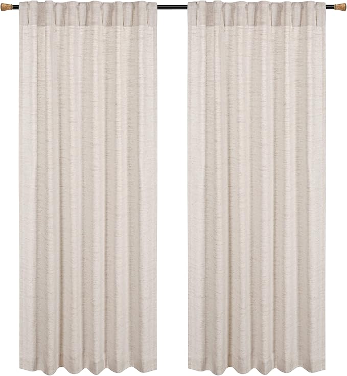 Farmhouse Linen Curtains 50x63 Inch Set of 2 Panels, Natural Flax Poly Slub Tab Top Drapes, Light Filtering Room Darkening Curtains for Bedroom & Living Room – Rustic Natural Window Treatment