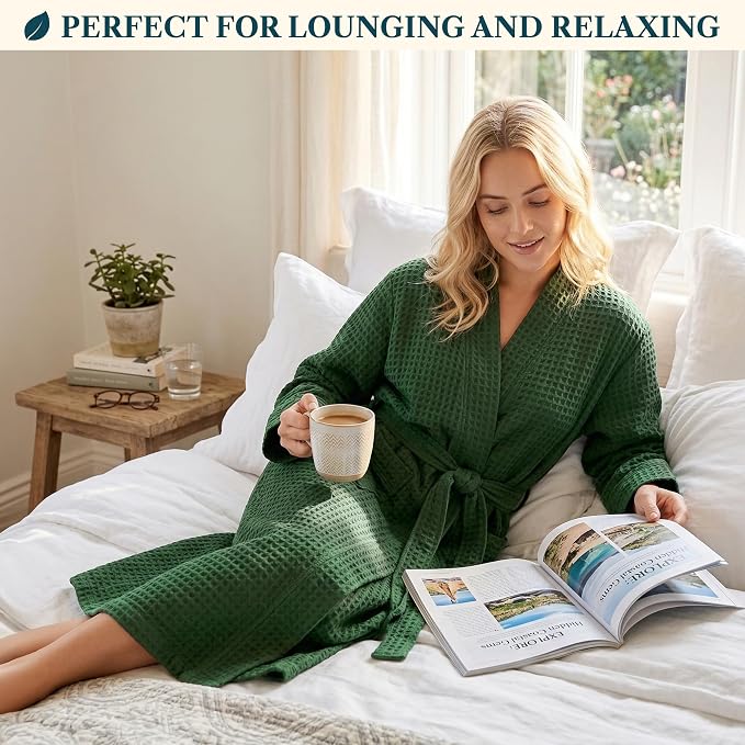 PAVILIA Womens Waffle Knit Robe Lightweight Cotton Blend Full Length House Bathrobe with Pockets