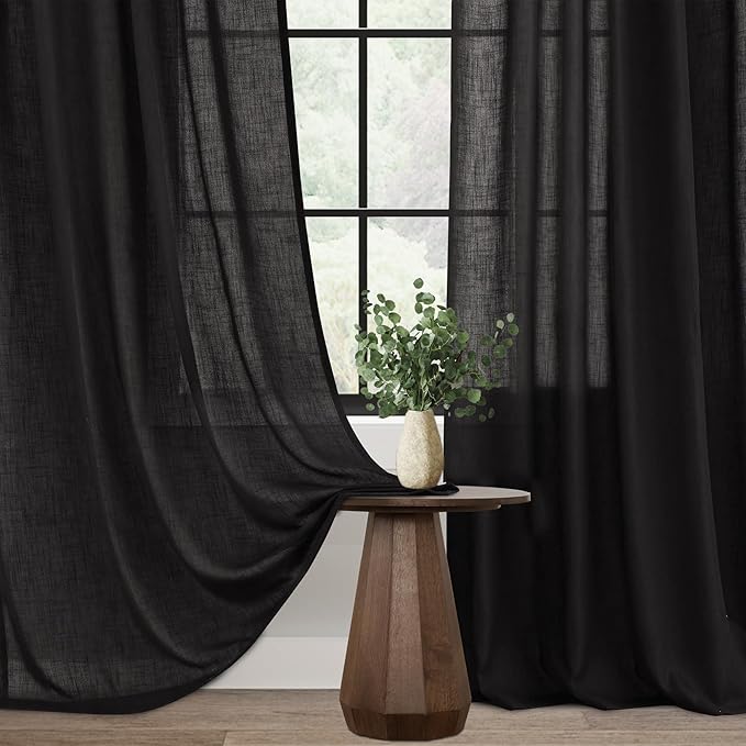Black Linen Curtains 144 inches Long for Bedroom Back Tab Light Filtering Privacy Semi Sheer Black Curtains Living Room Boho Rustic Farmhouse Cotton Textured Gauze Curtain 2 Panel Set