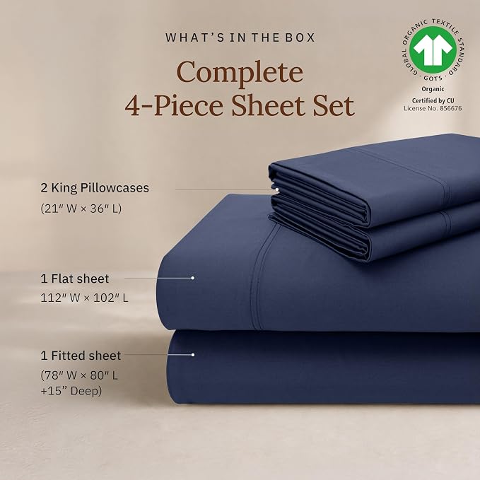 California Design Den King Bed Sheets Set - 100% Organic Cotton King Size Sheets Set, Soft and Lightweight Sateen, Deep Pockets, Durable Bedding - Navy