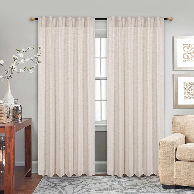 HOMIDATE Natural Textured Poly Flax Linen Curtain Panels, 50x108 Inches, Set of 2 - Living Room & Bedroom Drapes, Cotton Linen Flax Fabric for Christmas & Year-Round Style