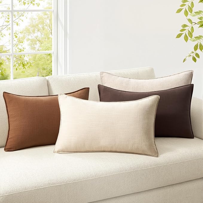 Pack of 4 Linen Lumbar Pillow Covers Neutral Farmhouse Couch Throw Pillows for Bed Accent Modern with Flange Design Pillowcase Sofa Livingroom Home Decor 12x20 Inch