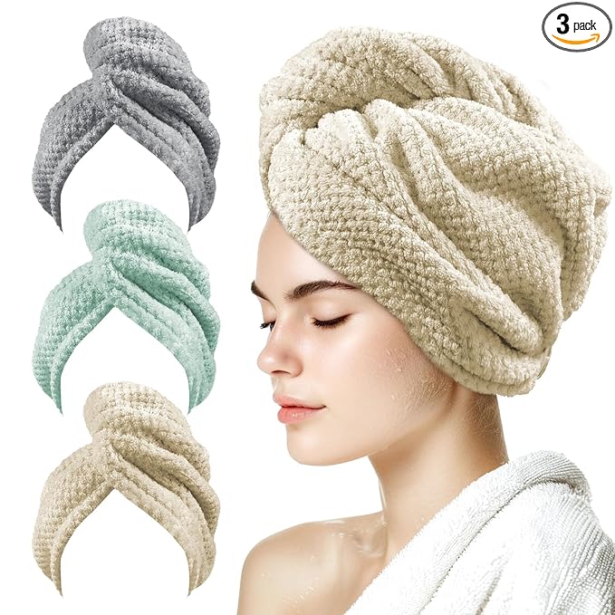 my novel things 3 Pack Microfiber Hair Towel Wrap for Women 25.4" x 9.8", Super Absorbent Quick Dry Towels with Button for Curly Wet Hair Anti Frizz (Camel,Green,Gray)