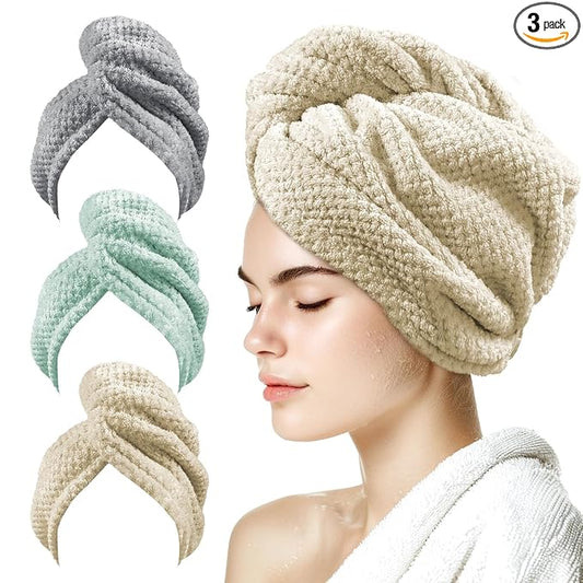 my novel things 3 Pack Microfiber Hair Towel Wrap for Women 25.4" x 9.8", Super Absorbent Quick Dry Towels with Button for Curly Wet Hair Anti Frizz (Camel,Green,Gray)