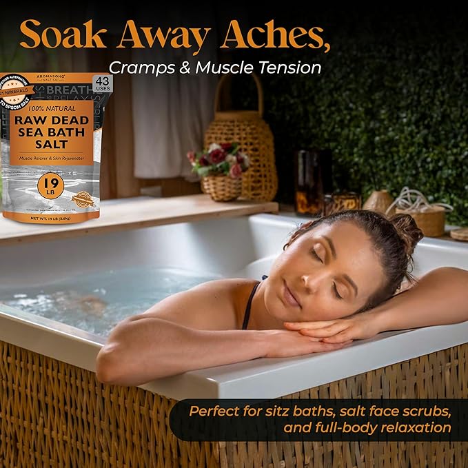 Aromasong Raw Dead Sea Bath Salt - Minimally Cleaned, Contains More Dead Sea Minerals Including Dead Sea Mud - 100% Pure & Natural Dead Sea Salts for Soaking 19 LB - Bulk Resealable Pack