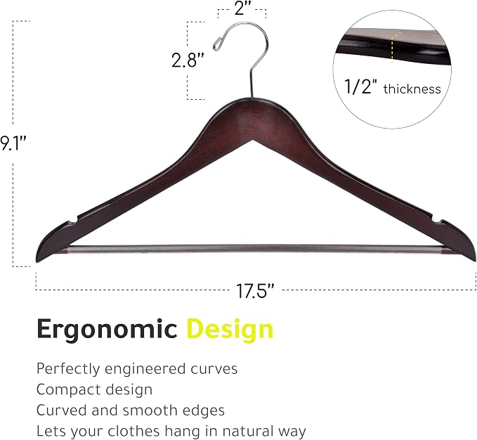 Quality Wooden Hangers - Slightly Curved Hanger 20 Pack Sets - Solid Wood Coat Hangers with Stylish Chrome Hooks - Heavy-Duty Clothes, Jacket, Shirt, Pants, Suit Hangers (Walnut/Retro, 20)