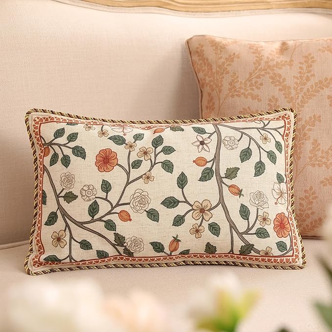 ISAENNE Design Linen Classic Throw Pillow Covers 12"x20" Pack of 2, French Farmhouse Rectangle Cushion Covers with Orange White Floral Pattern Decor Pillowcases for Bed,Living Room,Outdoor,Car