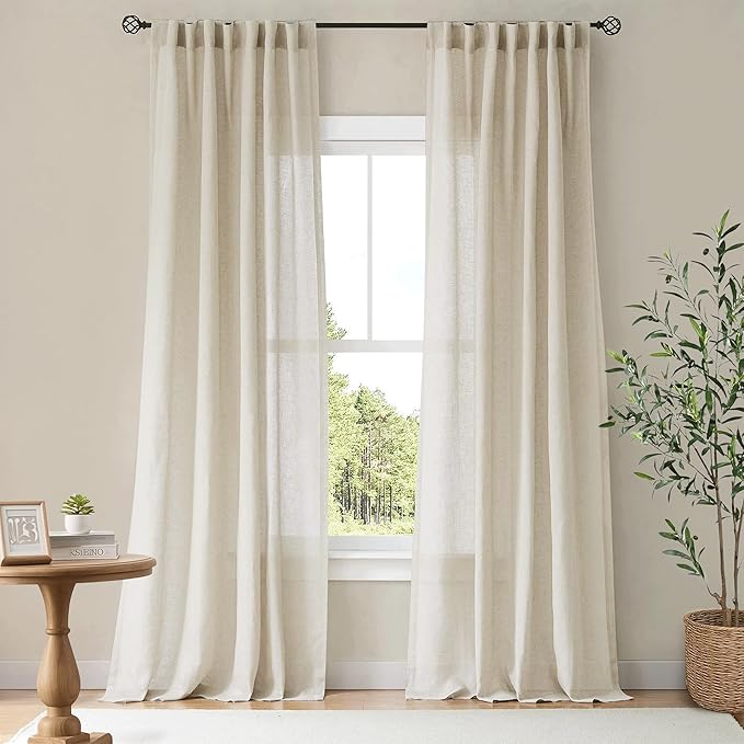 NICETWON Natural Linen 96 inch Curtains for Bedroom, Rod Pocket & Back Tab Semi Sheer Window Treatments Light Filtering Drapes Privacy for Farmhouse, W55 x L96, 2 Panels