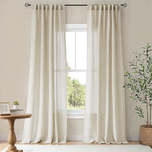 NICETWON Natural Linen 96 inch Curtains for Bedroom, Rod Pocket & Back Tab Semi Sheer Window Treatments Light Filtering Drapes Privacy for Farmhouse, W55 x L96, 2 Panels