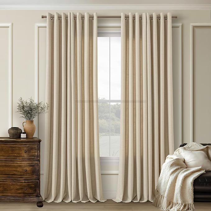 Beige Linen Curtains 100 Inch Long for Living Room Flax Linen Semi Sheer Light Filtering Privacy Bronze Grommet Drapes Elegant Boho Farmhouse Window Curtains for Bedroom Warm Beige 52x100