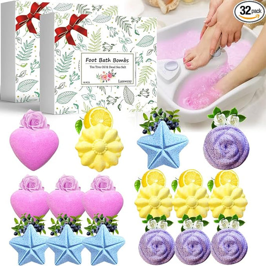 Lanwexy Bath Foot Bombs, 32 Pack Foot Soak with Bath Salt and Tea Tree Oil. Organic Natural Handmade Aroma Pure Essential Oil Bubble Foot Balls for Feet Callus, Dry Cracked, Stubborn Feet Odor Scent.