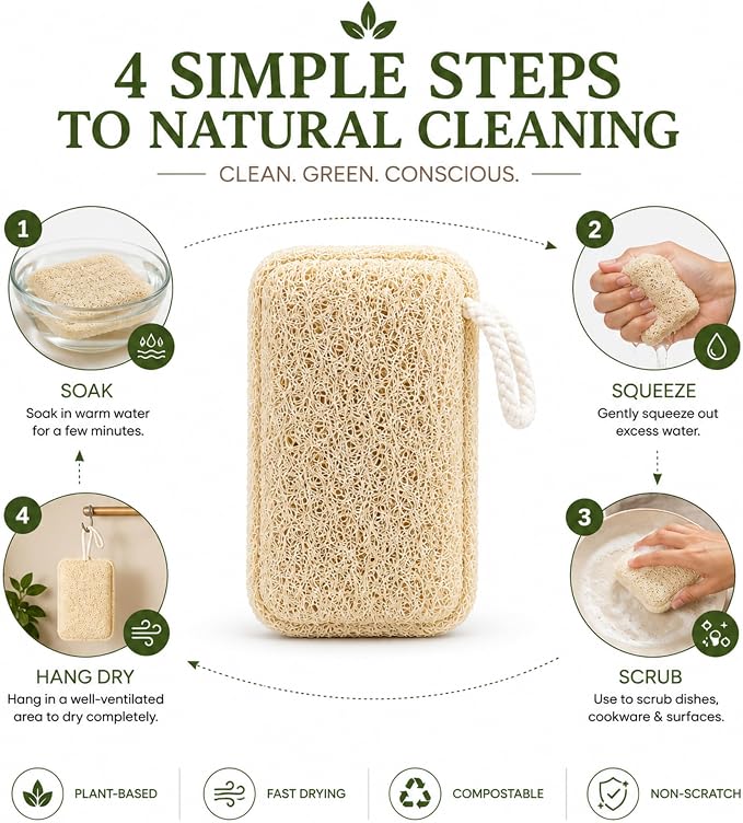 Natural Loofah Dish Sponge (Pack 6) Multipurpose | Dish Vegetable Scrubber for Kitchen, 100% Biodegradable, Compostable, Dishwashing Scouring Pad, Zero Waste