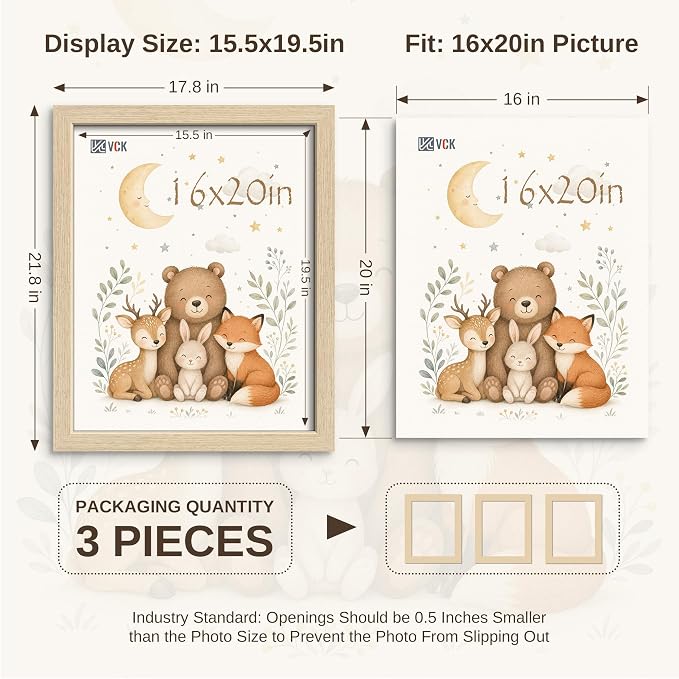VCK 16x20 Poster Frames 3 Pack - Natural Oak Solid Wood Picture Frame, Exclusive Wood Grain, Wall Hanging