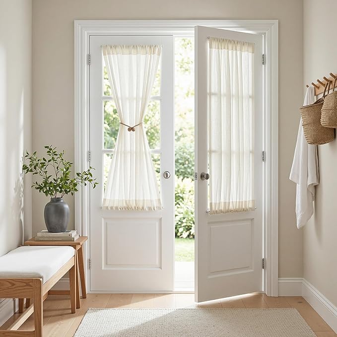 MYSKY HOME Natural French Door Curtains for Door Window 40 Inch Long Short Semi Sheer Light Filtering Curtain for Small Window Drapes Rod Pocket for Bedroom Bathroom, Beige White, 26" Wide, 2 Panels