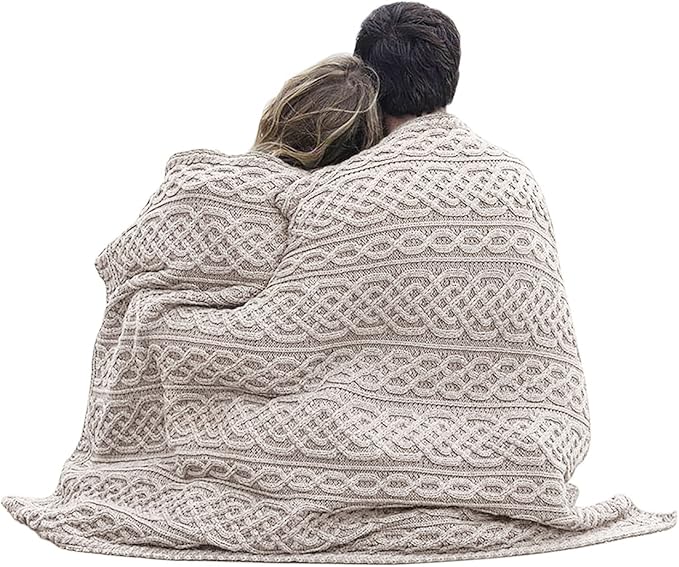 Aran Woollen Mills Carraig Donn Irish Cable Knit Blanket Celtic Throw - 100% Merino Wool Made in Ireland 40"x 55" (102 x 140 cm) (White/Wicker)