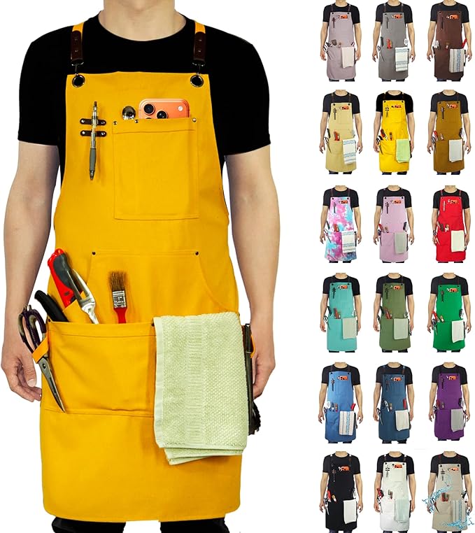 Kitchen Apron, Work Apron, Canvas, Multiple Pockets, Gardening, Painting, BBQ, Artist, Carpenter, Sizes M to XXL, Yellow