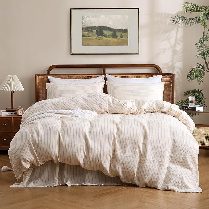 S VICTORY SYMBOL 100% Organic Linen Duvet Cover Set Rust Pinstripe,Yarn Dyed French Natural Flax Bedding Set,2pcs Farmhouse Comforter Cover Set Twin Size