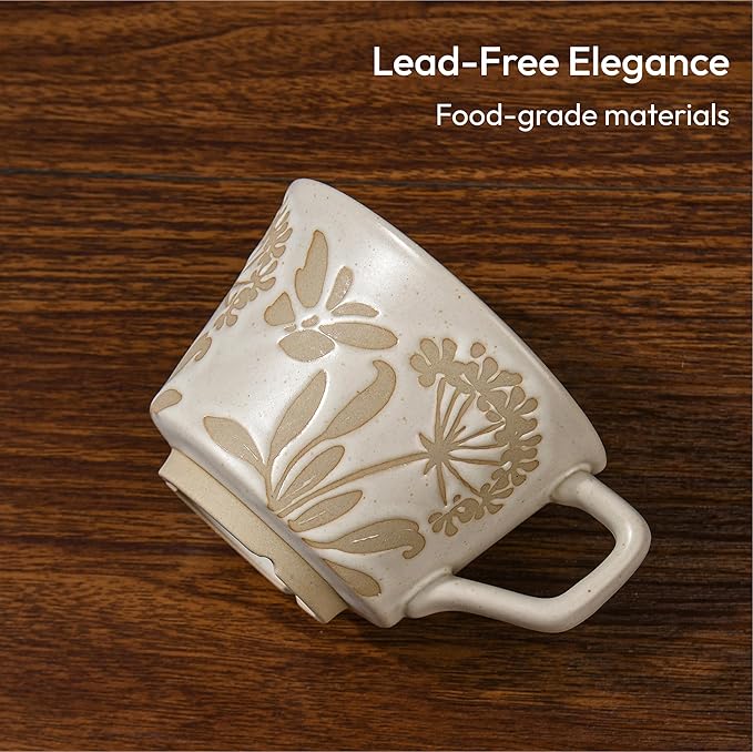 Ceramic Coffee Mug, 11 oz Small Novelty Unique Teacup with Handle, Stoneware Cup for Tea Mocha Latte Cappuccino (Set of 4, Plants)