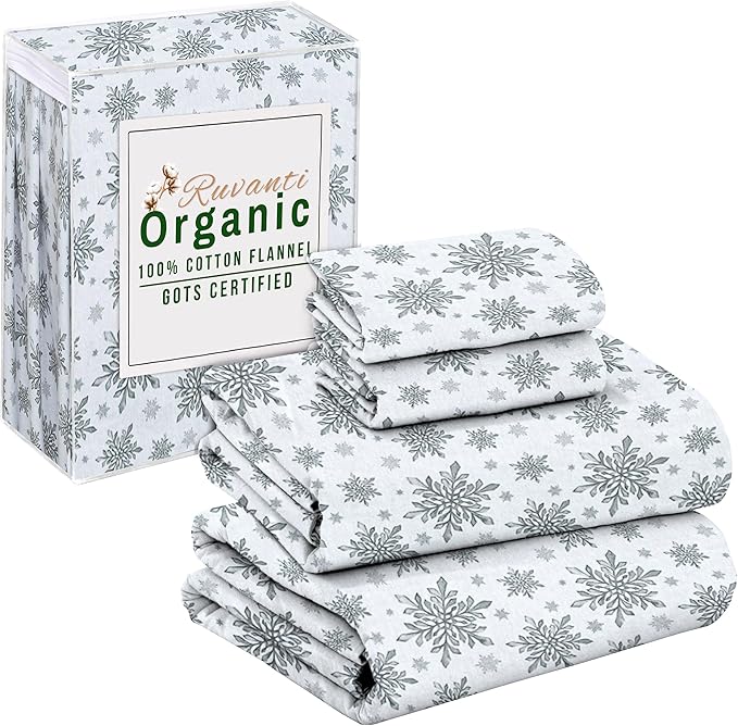 RUVANTI Flannel Sheets King Size - GOTS Certified 100% Organic Cotton, 4 Piece Warm, Soft & Breathable Set, Deep Pocket Snug Fit, Double Brushed Cozy All Season Bedding, Crystal Noir