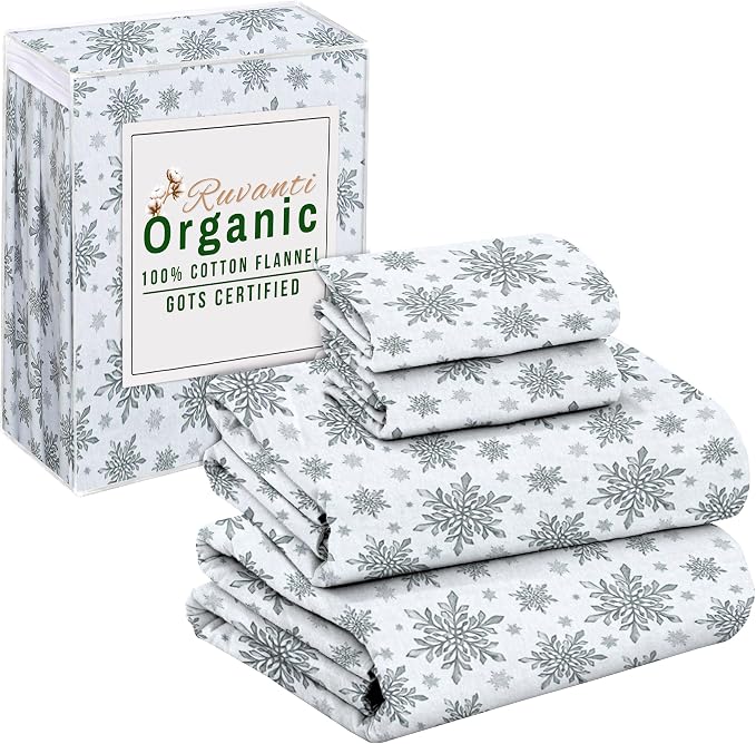 RUVANTI Flannel Sheets Full Size - GOTS Certified 100% Organic Cotton, 4 Piece Warm, Soft & Breathable Set, Deep Pocket Snug Fit, Double Brushed Cozy All Season Bedding, Crystal Noir