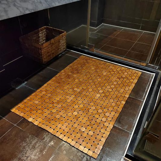 HJJKKH Bath Mat Wooden Bathroom Rug Rayon Derived from Bamboo 23.6"x 35.4", Quick Dry Foldable Non-Slip Wood Floor Shower Mat for Bathroom, Bathtub, Spa, RV, Sauna, Hot Tub, Indoor & Outdoor Use