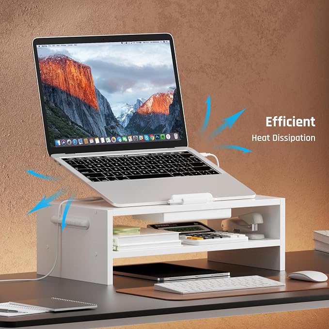 AFOOYO Adjustable Wood Laptop Stand, Ergonomic Height Angles Computer Holder Riser for Desk Compatible with Air, Pro, Dell, HP, Lenovo More 10-17.3" Laptops, White