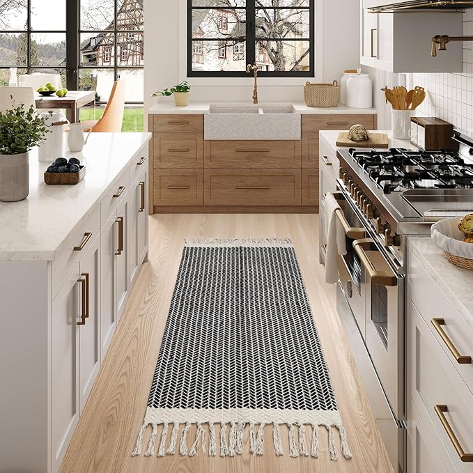 Lahome Belle Boho Kitchen Runner, 2x4.3 Bathroom Runner Rugs Lightweight Entryway Rug Woven Cotton Throw Mat with Tassels, Farmhouse Non Shedding Washable Black Low Pile Runners for Bedroom Doorway
