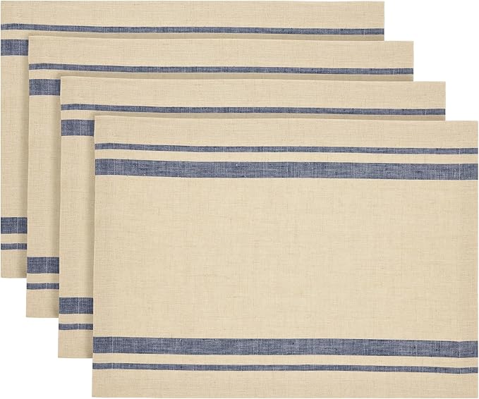 Solino Home Linen Placemats Set of 4 - French Stripe Navy and Natural Placemats 14 x 19 Inch - 100% Pure Linen Table Mats