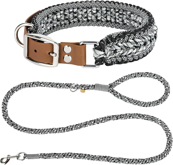 Tirevt Hand-Woven Dog Collar and Leash Set:Color-Block Design, Premium Reinforced Buckle, Adjustable Artisan Paracord for Puppies, Small, Medium & Large Dogs (Black, L)