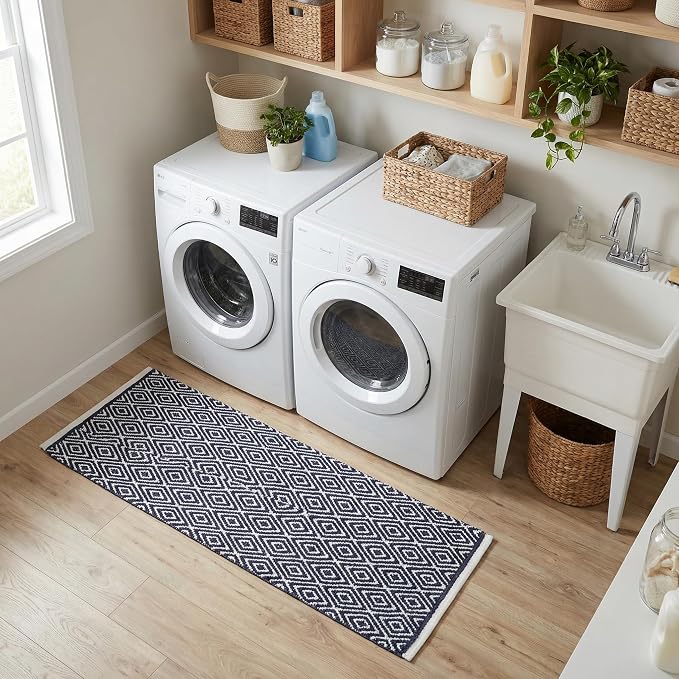 Chenille Cotton Diamond Runner Rug 2x5 Feet - Navy, Reversible Washable Soft Floor Runners Ideal for Kitchen, Hallway, Bedroom, Bathroom | Blue Farmhouse Boho Indoor Use Rugs for Patio Décor