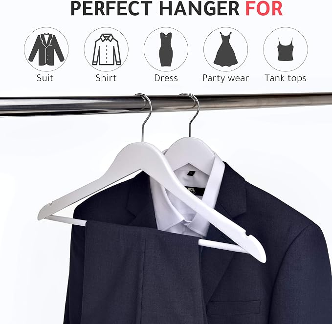 Quality Wooden Hangers - Slightly Curved Hanger 90 Pack Sets - Solid Wood Coat Hangers with Stylish Chrome Hooks - Heavy-Duty Clothes, Jacket, Shirt, Pants, Suit Hangers (White, 90)