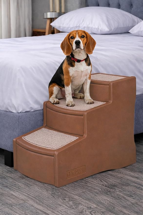 Pet Gear Easy Step III Pet Stairs, Caramel | 3 Step, For Cats/Dogs, Removable Washable Carpet Treads, Supports 150 Pounds, No Tools Required