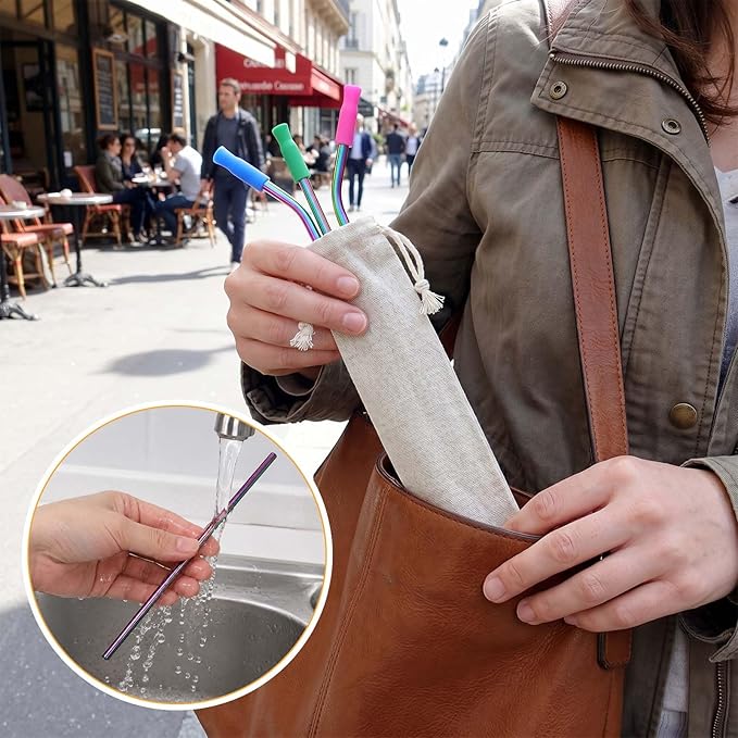10Pcs Reusable Stainless Steel Metal Straws with 2 Cleaning Brush & 4 Silicone Tips, Long Metal Straws Metal Drinking Straw for 20 oz Tumbler, Tall Wine Bottle (Vibrant)